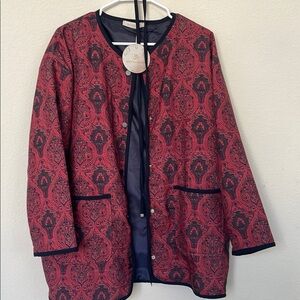Red Paisley Quilted Blazer with Navy Trim